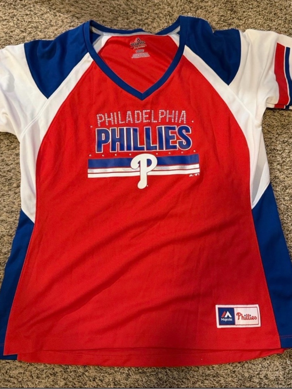 Majestic Red, Blue & White Philadelphia Phillies Girls V-Neck Jersey